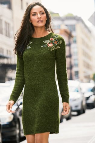 Khaki Floral Embroidered Dress